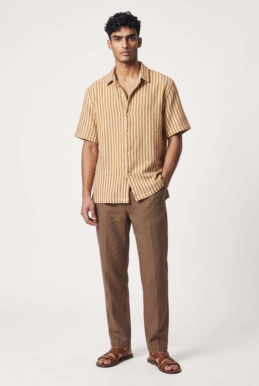 Zara Striped Textured Short Sleeve Shirt Size XL Mustard Brown